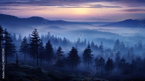 At twilight, the foggy pine forests are nature's lullaby, with the sun's serene serenade painting indigo and amethyst shades photo
