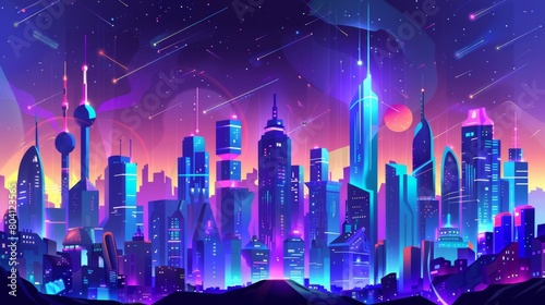 This game stream background features an abstract futuristic city at night. The banner of this offline stream is a purple wallpaper with a future cityscape, a modern cartoon illustration. photo