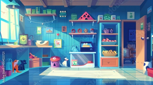 A pet shop interior with cartoon dog toys. Business aisle with food, goods, and accessories for domestic animals. Doghouse stand with treats for sale.