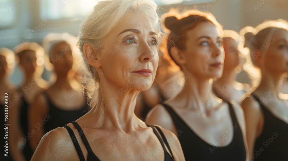 Group of women of mixed ages from 40 to 60 taking a ballet class, wearing dance clothing black leotards in large sunny room, dance studio. Generative ai Group of women of mixed ages from 40 to 60 taking a ballet class, wearing dance clothing black leotards in large sunny room, dance studio. Generative ai
