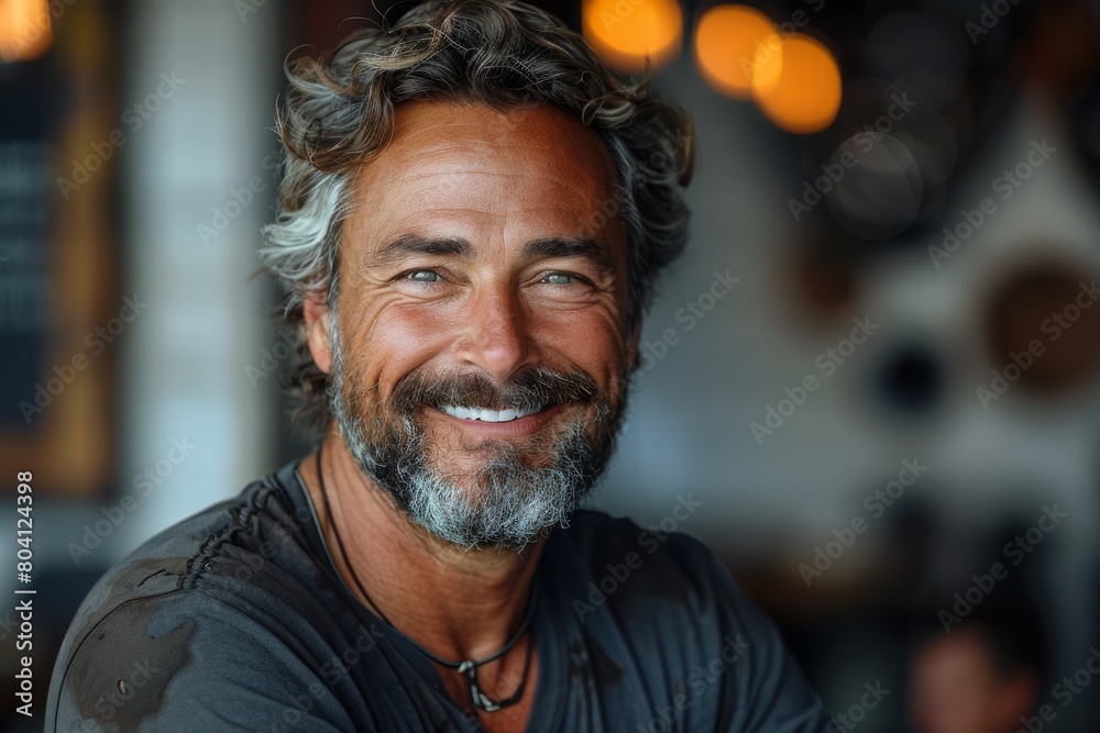 A casually dressed man with a beaming smile and curly gray hair enjoying a moment outside a cafe A casually dressed man with a beaming smile and curly gray hair enjoying a moment outside a cafe