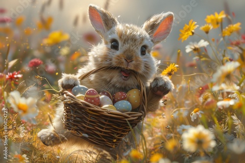 A whimsical bunny carries a basket of colorful Easter eggs amongst vibrant spring flowers capturing the joy of Easter photo