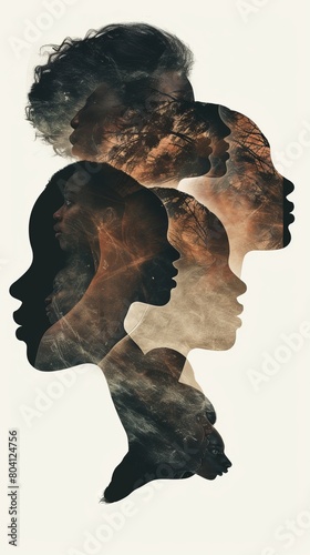Woman face silhouette in profile with a group of African and African American women faces inside.Concept of racial equality antiracism and a woman who gives a voice to other women. photo