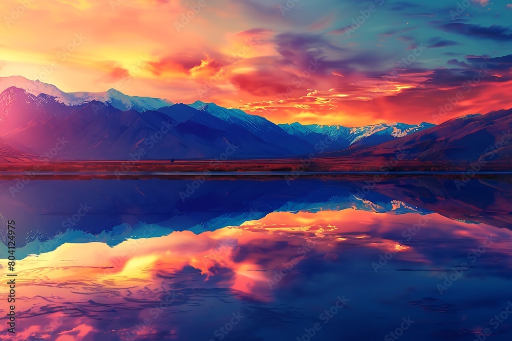 The vibrant hues of a sunset reflecting on a mountain range.