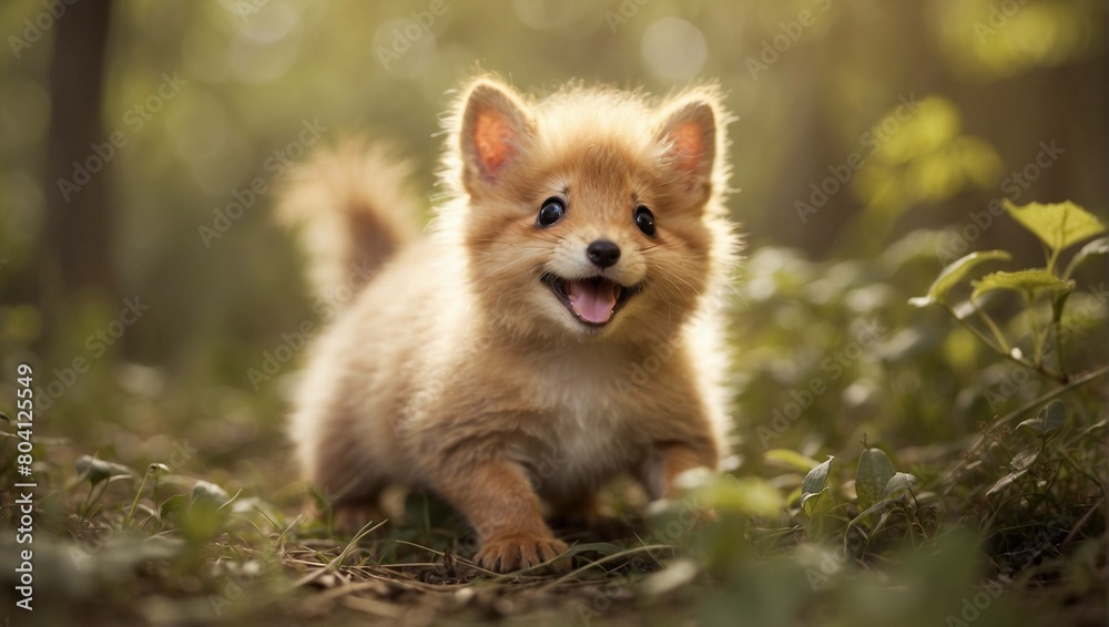Obraz premium A fluffy, light brown puppy is playfully running in a sunlit forest.