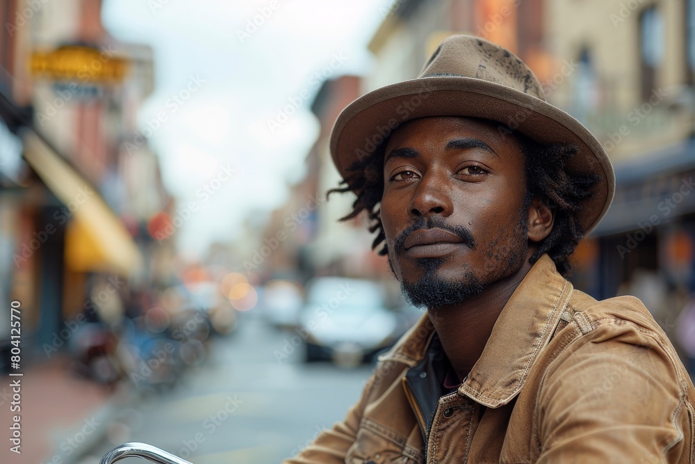 Man in a hat sitting on a motorcycle, looking directly at the camera on a city street