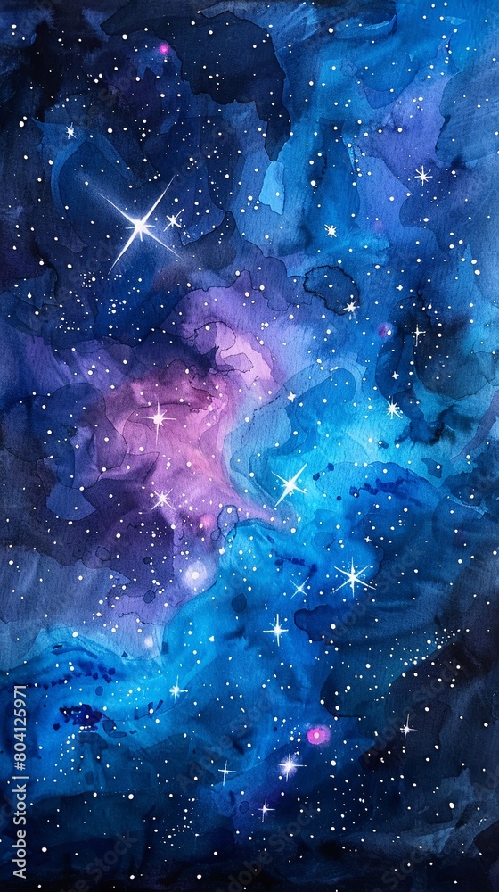 a captivating watercolor painting of space, highlighting stars and the Libra constellation. Enhance its beauty with textured watercolor paper