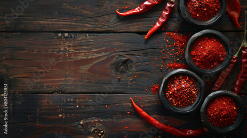 Bowls with red chili powder on wooden background photo