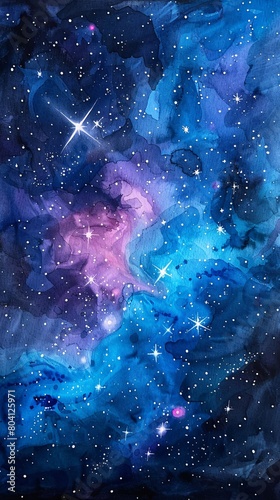a captivating watercolor painting of space, highlighting stars and the Libra constellation. Enhance its beauty with textured watercolor paper