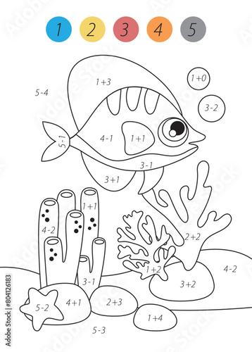 Mini games for children. Preschoolers. Simple coloring book for children. Simple mathematical examples up to number 5. Picture with fish and algae. Logical problem
