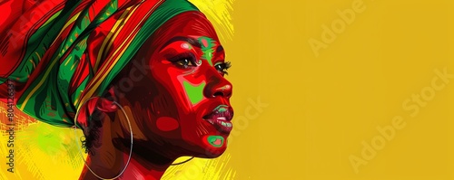 Beautiful fictional African woman with headscarf in red, green and yellow (African colors) for black history month, juneteenth or remembrance abolition photo