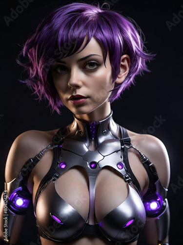cyborg woman with short purple hairs, generative ai illustration