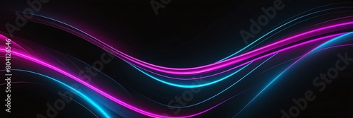 blue and pink neon glowing bright curve lines on black luxury smooth shiny metal background from Generative AI photo