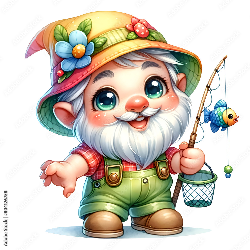 Obraz premium Delightful illustration of a smiling gnome dressed in fishing gear, holding a fishing rod with a small blue fish.