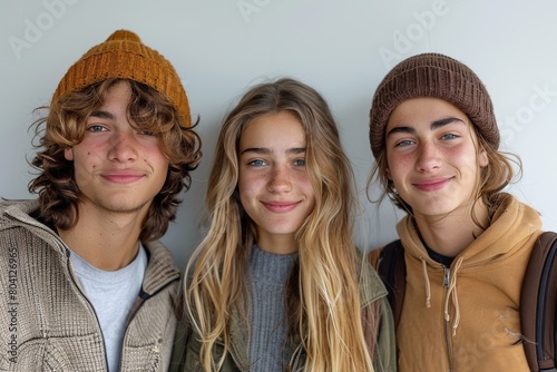 Three cheerful teens with wavy hair wearing knit hats and casual clothing smiling