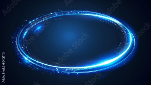 A blue planet ring neon light effect with circular line sparkles. Animation of a digital energy twirl with a magic flare expansion. Modern illustration of a space curve orbit. Abstract galaxy element