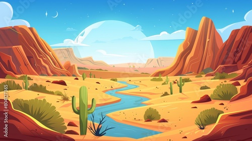 Desert nile river valley modern background. Dry african sand wilderness hills nature scene with water landscape. Amazing idyllic arabic game environment with neat cacti and streams.