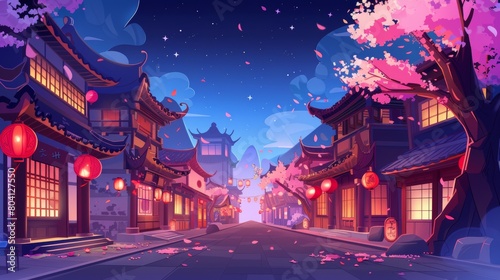 A night Asian town street with sakura trees, old Chinese buildings, shops, traditional restaurants with illuminated windows and stars in the dark sky. Modern cartoon illustration.