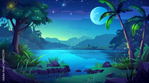 A night jungle forest with a river cartoon background. Fantasy trees  palms  and bush in a riverside location for a video game with green fireflies glowing. An environment with outdoor travel.