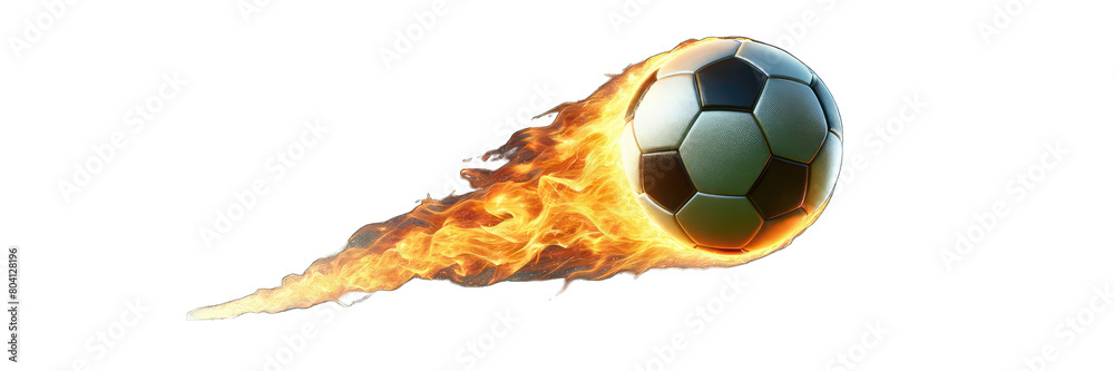 Naklejka premium Flaming soccer ball on fire isolated on transparent background, png, FIFA World Cup, European Football Championship, UEFA Euro 2024, 2024 Summer Olympics, UEFA Nations League, UEFA Europa League