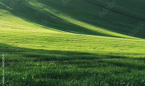 A grassy green field with several gradations of shadow running diagonally across © Svitlana