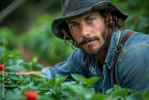 An attentive male farmer inspecting and picking red berries among the green foliage