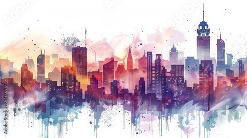 A creative futuristic charismatic watercolor painting capturing the brilliance of an ultramodern cityscape, hitech ultrafashionable clipart isolated on white background