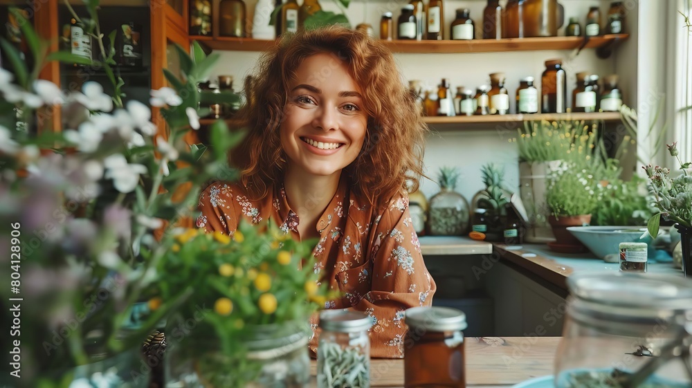 A woman holds medicinal herbs in her hands. Selective focus. Generative AI,