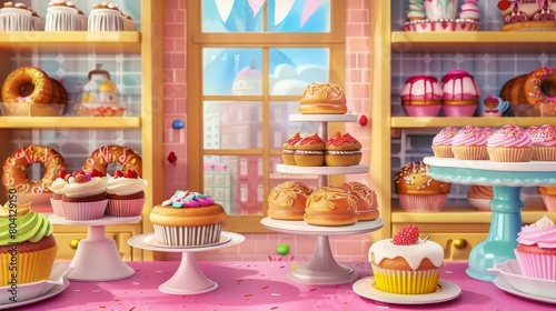 Interior of a bakery store with cake and counter inside a cartoon background. Display of bread, buns, and donuts near window on shelves. Cute french croissant and cupcake display inside.