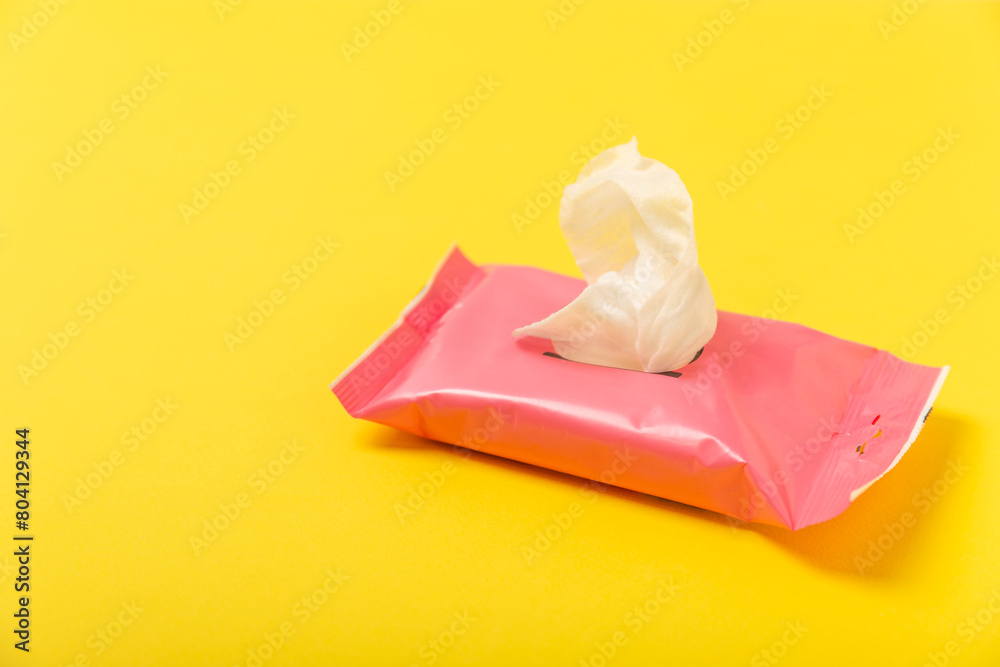 Packaging of wet wipes on background. An open pack of hand and body wipes. Mockup. A clean packet of wet wipes. Design. Place for text. Copy space. Packaging of wet wipes on background. An open pack of hand and body wipes. Mockup. A clean packet of wet wipes. Design. Place for text. Copy space.
