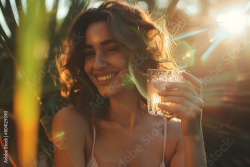 healthy eating, drinks, diet, detox and people concept - close up of woman with fruit infused water in glass bottle . Beautiful simple AI generated image in 4K, unique.