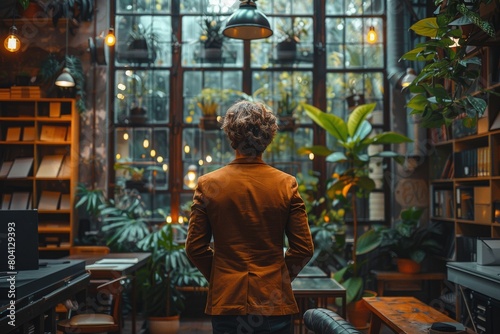 A lone male stands, back facing the camera, surveying a cozy, bohemian-styled work area with warm lighting and greenery