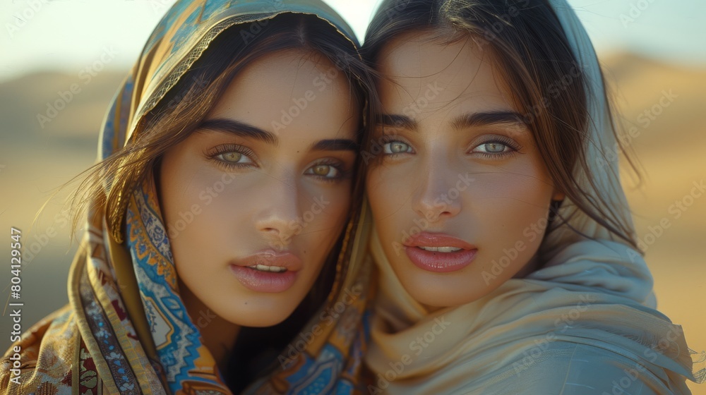 Portrait of two beautiful Arabic women together wearing nomad robes, vast sand desert in the background, warm evening colors. Generative AI. Portrait of two beautiful Arabic women together wearing nomad robes, vast sand desert in the background, warm evening colors. Generative AI.