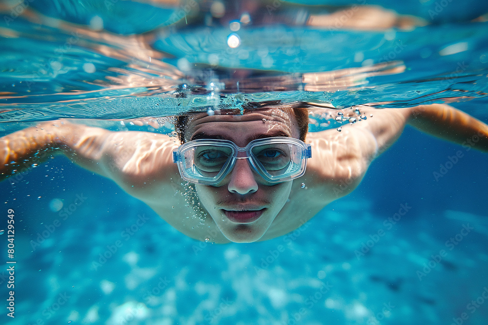 Man in swimming goggles swims underwater in the pool.