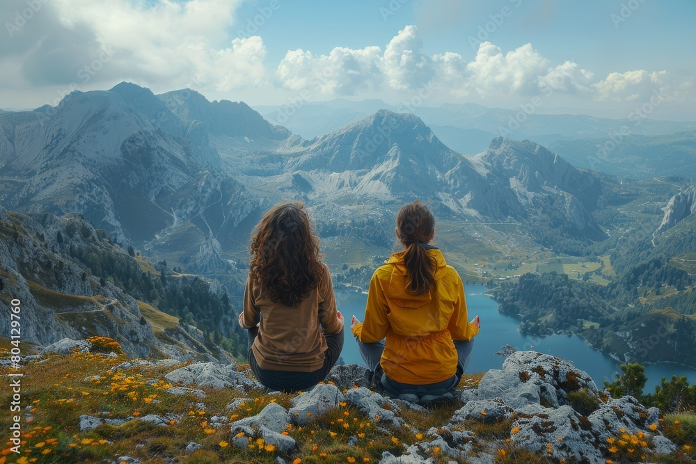 Two people from behind sitting and enjoying a magnificent mountain landscape with vibrant autumnal colors Two people from behind sitting and enjoying a magnificent mountain landscape with vibrant autumnal colors