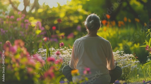 a person practicing mindfulness in a tranquil garden, surrounded by blooming flowers, embodying serenity, presence, and inner peace for holistic wellness