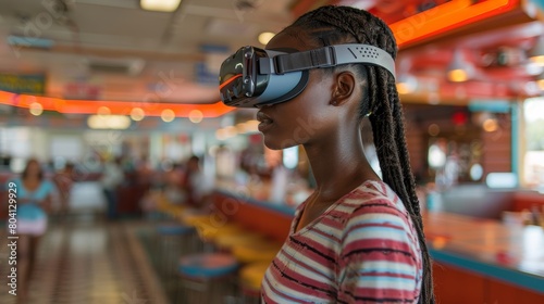 Black woman wearing a VR headset with glowing lines and bright colors.