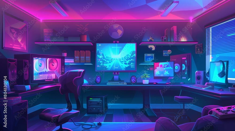 Gaming lounge with neon screen and computer modern background. Video ...