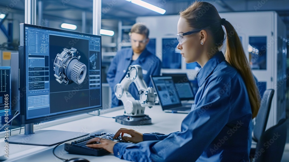 At the Factory: Mechanical Engineer Designs 3D Engine on Her Personal Computer, Male Automation Engineer Uses Laptop for Programming Robotic Arm At the Factory: Mechanical Engineer Designs 3D Engine on Her Personal Computer, Male Automation Engineer Uses Laptop for Programming Robotic Arm