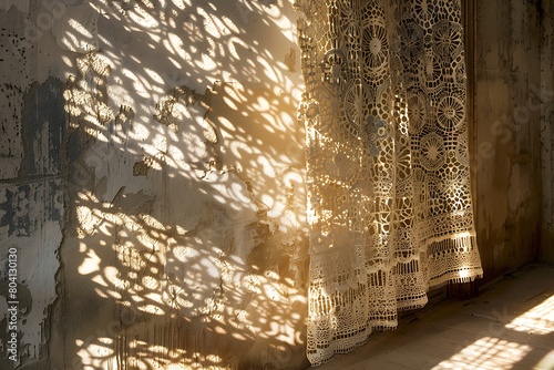 Warm sunlight casting intricate lace curtain shadows on an old wall