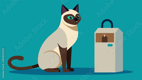 A sophisticated Siamese cat perched near the dispenser pawing at it to release a treat upon hearing its owners command.. Vector illustration