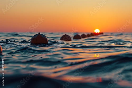Wave energy buoys aligned with the horizon at sunset. © crescent