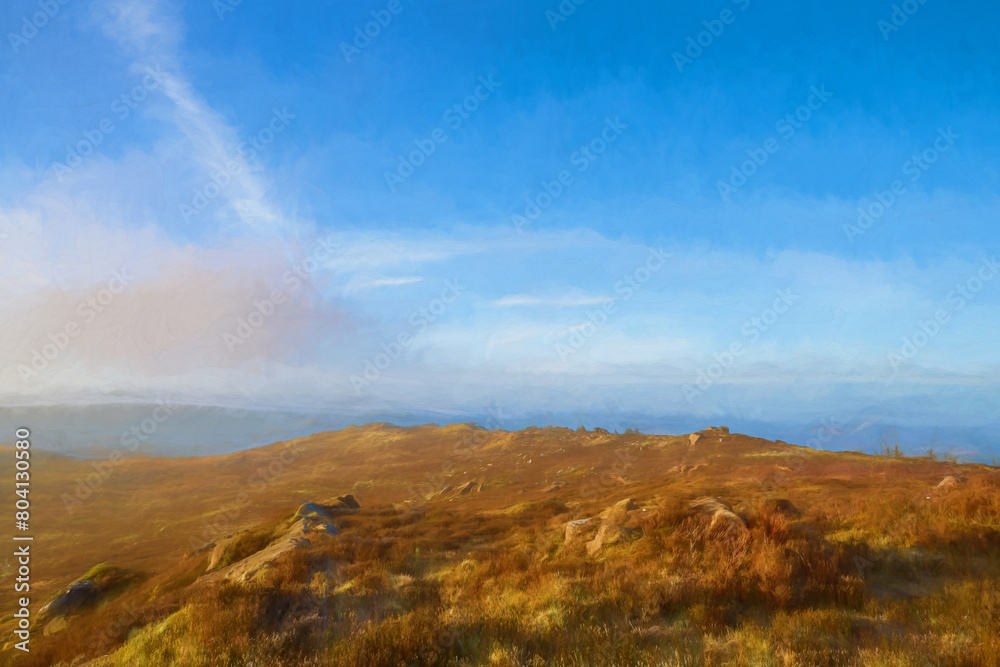 Peak District National Park digital oil painting of sunrise at The Roaches. Peak District National Park digital oil painting of sunrise at The Roaches.