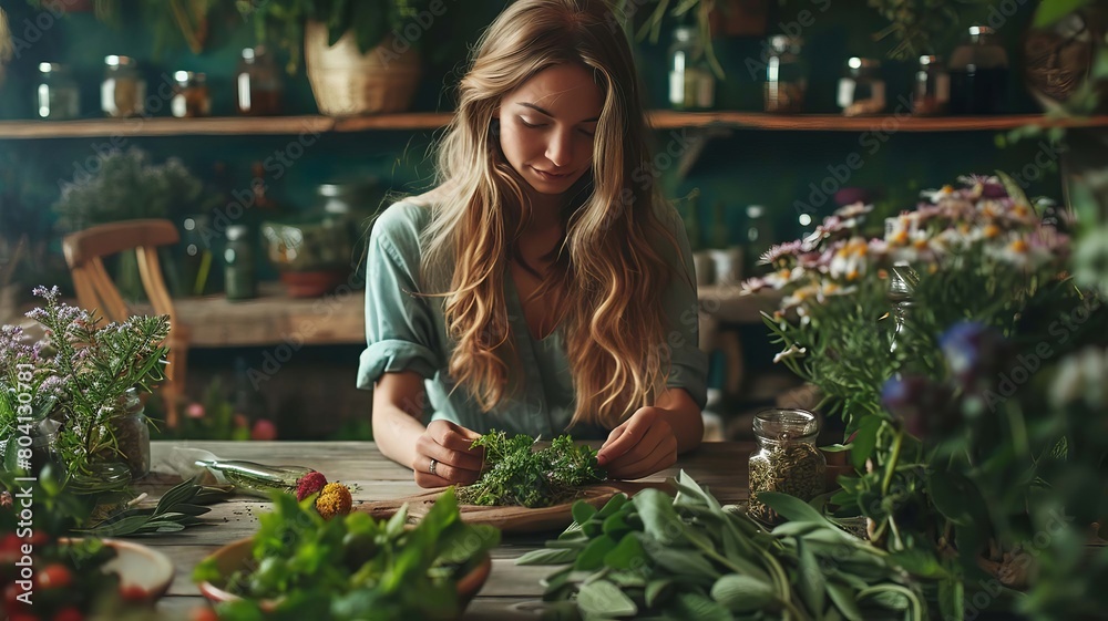 A woman holds medicinal herbs in her hands. Selective focus. Generative AI, A woman holds medicinal herbs in her hands. Selective focus. Generative AI,