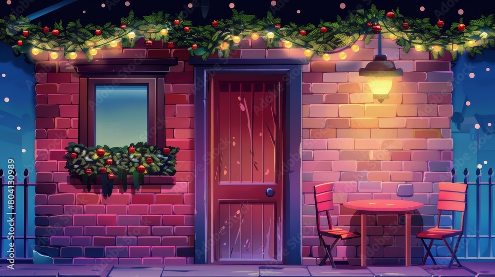 Modern home wall exterior with a night house front door. Wooden fence and brick facade. A beautiful porch with a garland bulb light. A candle on a table near a chair and an apartment doorway closed