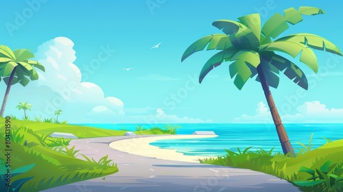 In a tranquil setting  there s a palm tree on a road that leads to the sea or ocean beach  on a sunny day. A tropical path road that leads to the water coast on a sunny day. A beautiful blue sky and