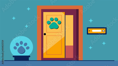 With its tingedge biometric identification system this pet door ensures that only your own beloved pet can enter and exit your home.. Vector illustration