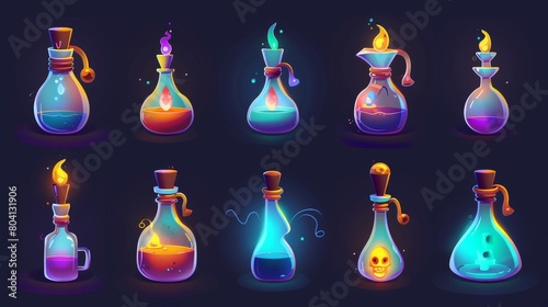Animated cartoon magic potion bottle icon set. RPG lab interface with medicine glass flask and poison illustration. GUI elements of wizard alchemy with skulls on 2d backgrounds.