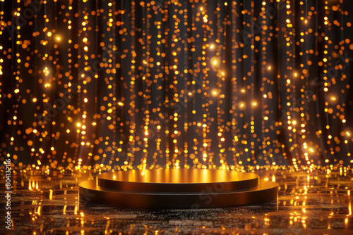 A 3d podium is set against a background of golden lights with glitter, suitable for an award ceremony backdrop.