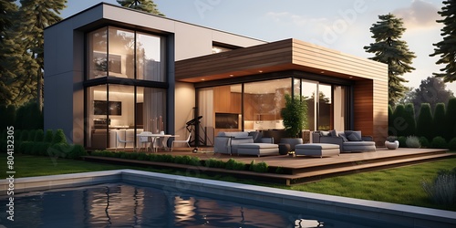 3d rendering of modern cozy house with pool and parking for sale or rent in luxurious style. © Graphicsstudio 5